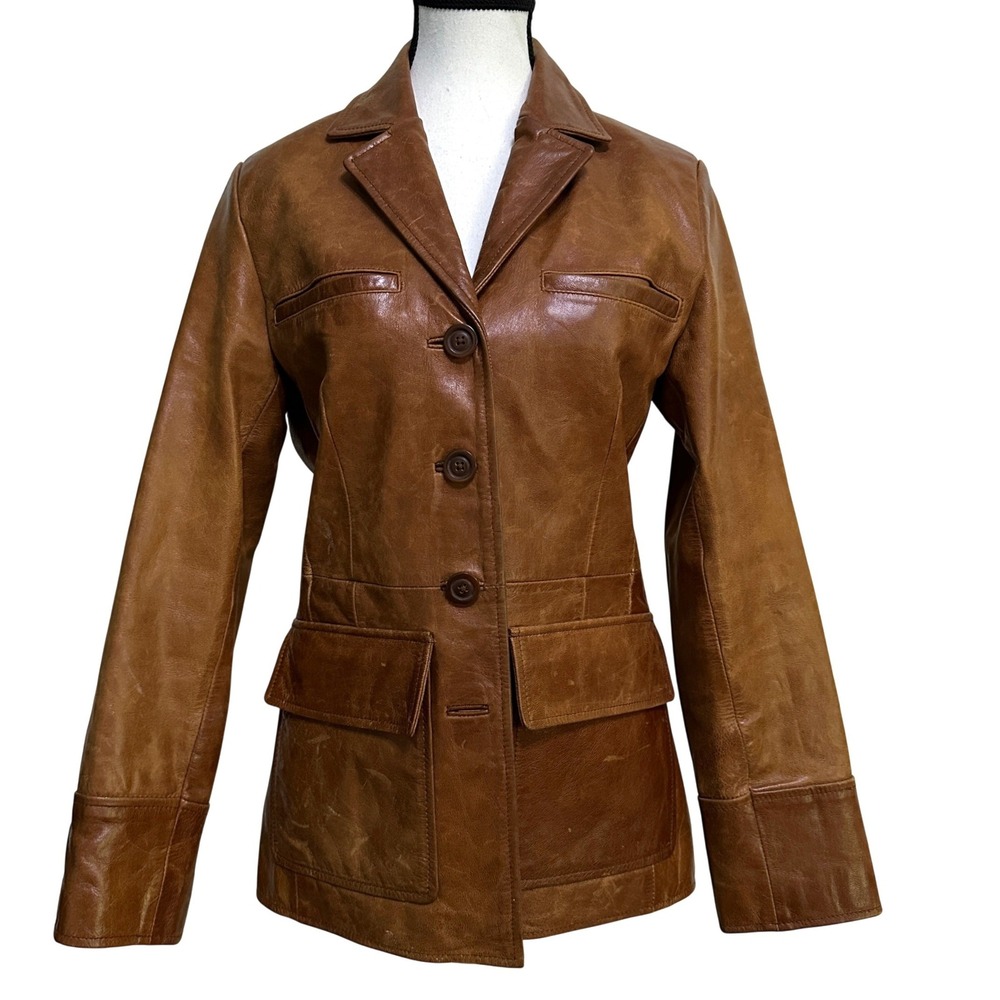 Vintage 90s Mossimo Leather Blazer Jacket XS Brown Cognac Dark Academia Indie